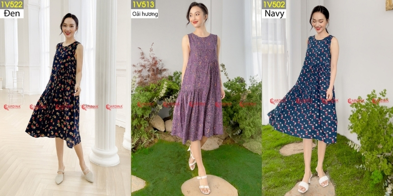 Ba người mẫu mặc váy hoa với ba màu khác nhau: đen, oải hương và navy, đứng trong các bối cảnh khác nhau.