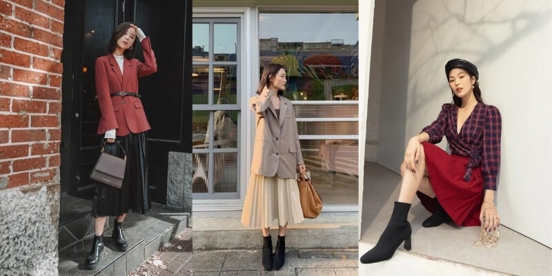 Ba người mặc trang phục thời trang thu đông với áo blazer, váy dài và giày boots, đứng trong các bối cảnh khác nhau.