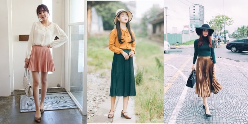 Ba người mặc trang phục thời trang với chân váy xếp ly, tạo dáng trong các bối cảnh khác nhau.