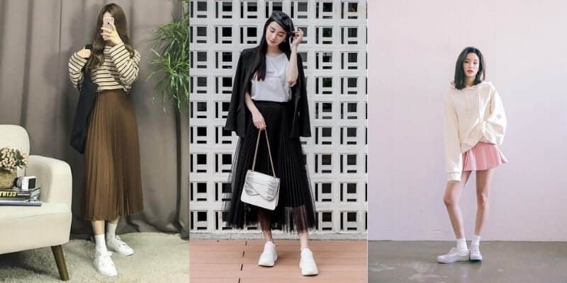 Ba người mặc trang phục thời trang với váy xếp ly và áo khoác, đứng trong các bối cảnh khác nhau.