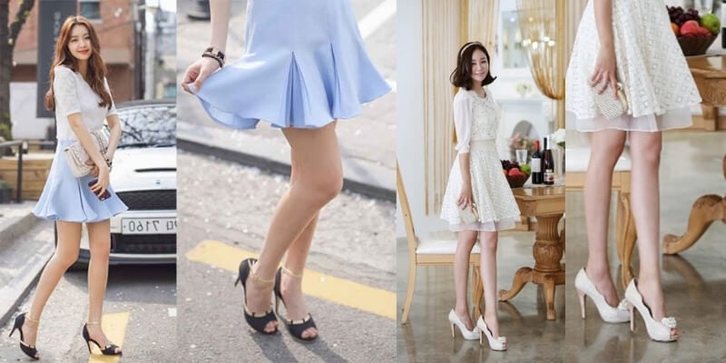 Người mặc váy ngắn và giày cao gót đứng ngoài trời và trong nhà, tạo dáng thời trang và duyên dáng.