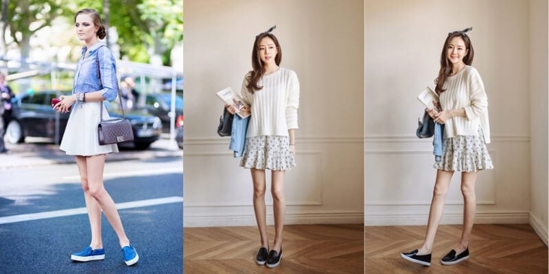 Ba phụ nữ mặc trang phục thời trang với váy ngắn và giày thể thao, trong khung cảnh đô thị và trong nhà.