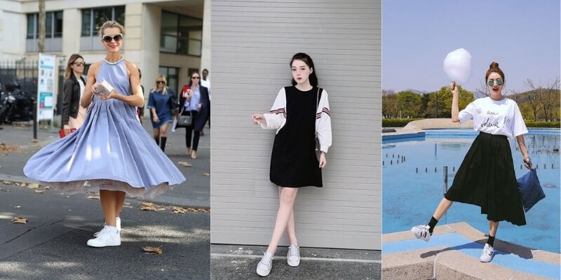 Ba người đứng tạo dáng trong trang phục thời trang với váy và giày thể thao ở các bối cảnh khác nhau.