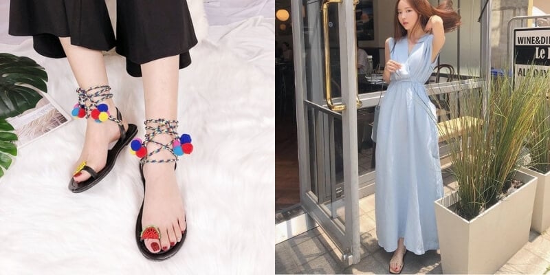 Hình ảnh gồm một đôi sandal có dây quấn và một người mặc váy xanh đứng trước cửa quán cà phê.