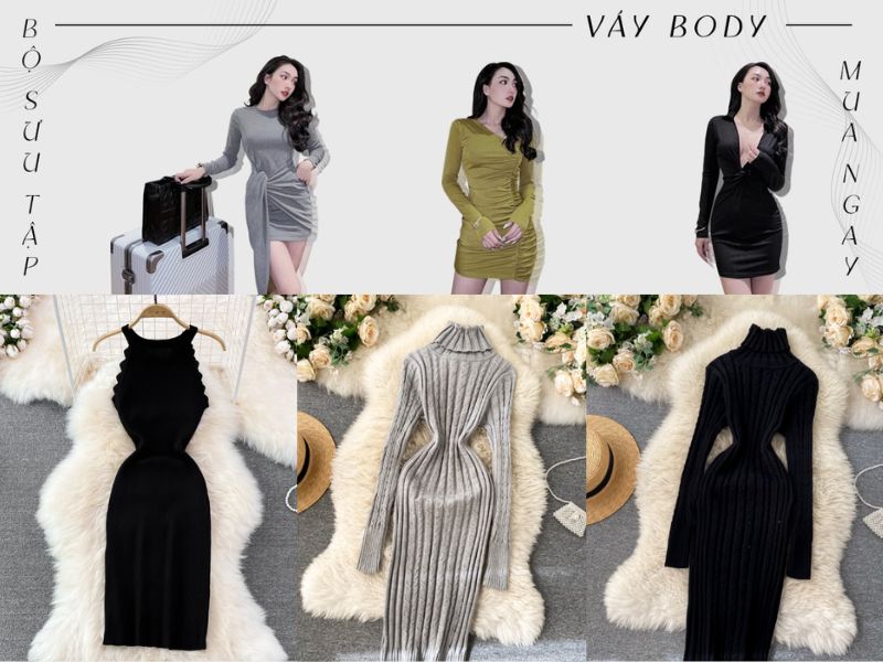 Bộ sưu tập váy body đa dạng màu sắc và kiểu dáng, gồm váy xám, vàng, đen, và các mẫu váy len trên nền trải thảm.