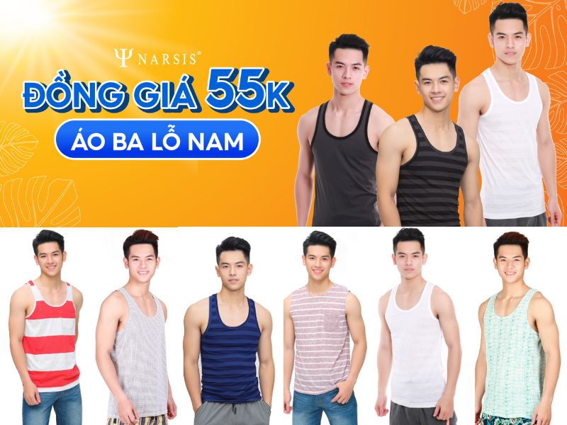 Nam giới mặc áo ba lỗ nhiều màu sắc, quảng cáo giá 55K trên nền cam và trắng.
