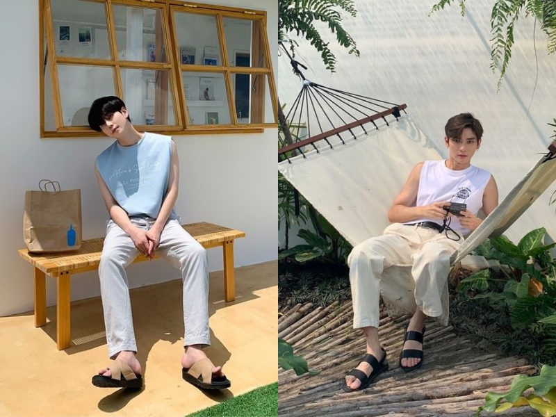 Hai người ngồi thư giãn ở các vị trí khác nhau, một người trên ghế ngoài trời, người kia trên võng dưới bóng cây.