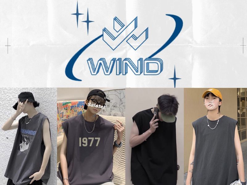 Bốn người mặc áo không tay với các biểu tượng khác nhau, phía trên là logo "Wind".