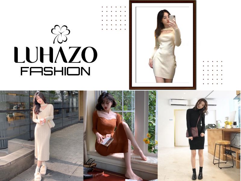 Hình ảnh quảng cáo thời trang LUHAZO với nhiều mẫu váy khác nhau, gồm váy len dài tay và các phụ kiện đi kèm.