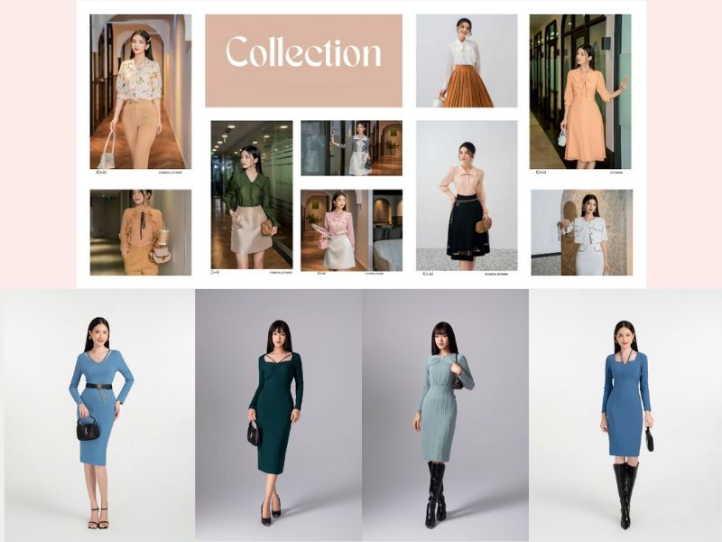 Bộ sưu tập thời trang nữ với nhiều kiểu dáng và màu sắc khác nhau, bao gồm váy và trang phục công sở.