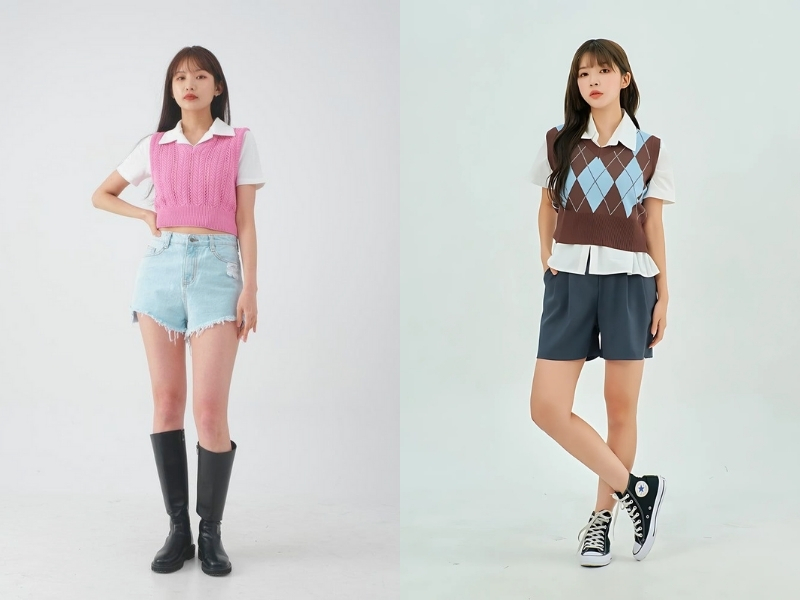 Hai người mẫu trong trang phục khác nhau, một bên áo len hồng quần jeans, bên kia áo len caro quần ngắn.