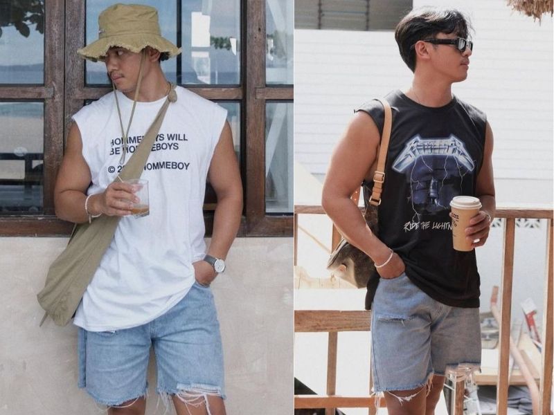 Hai người mặc áo thun không tay và quần short jean, đang đứng cầm cốc nước và túi đeo vai.