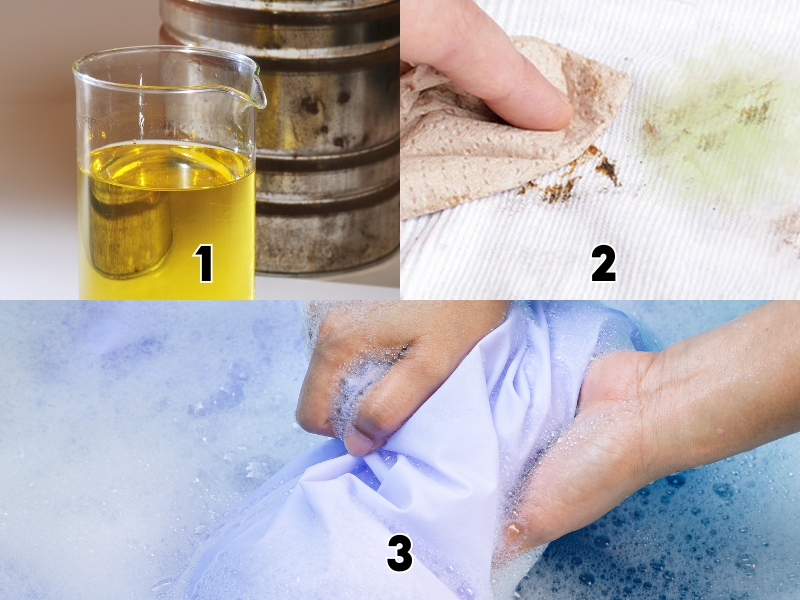 5b23172e-cach-tay-trang-quan-ao-02 Hình ảnh ba bước: 1. Cốc chứa chất lỏng màu vàng, 2. Lau vết bẩn trên vải, 3. Giặt tay vải trong nước xà phòng.