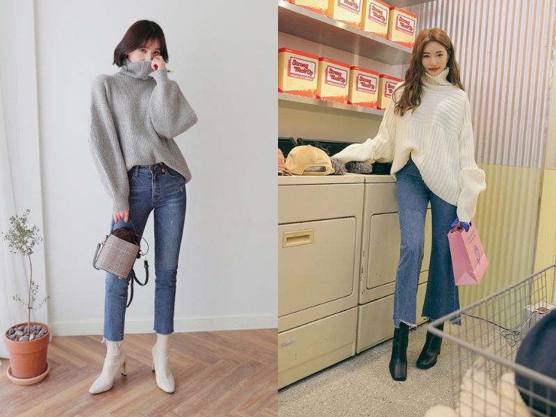 Hai người mặc áo len và quần jeans, một người trong nhà, người kia ở cửa hàng, cả hai đều đi giày cao cổ.