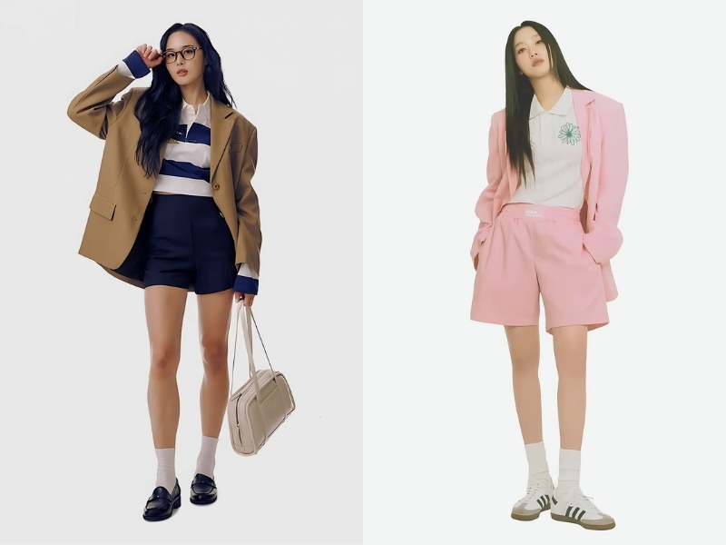 Hai người mặc trang phục thời trang với áo vest, quần short, tất và giày, đứng trên nền trắng.