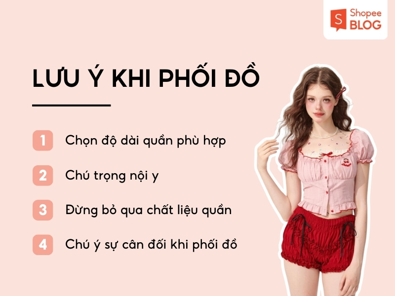 Một người mặc trang phục hồng đỏ đứng cạnh danh sách lưu ý về việc phối đồ, nền màu hồng nhạt.