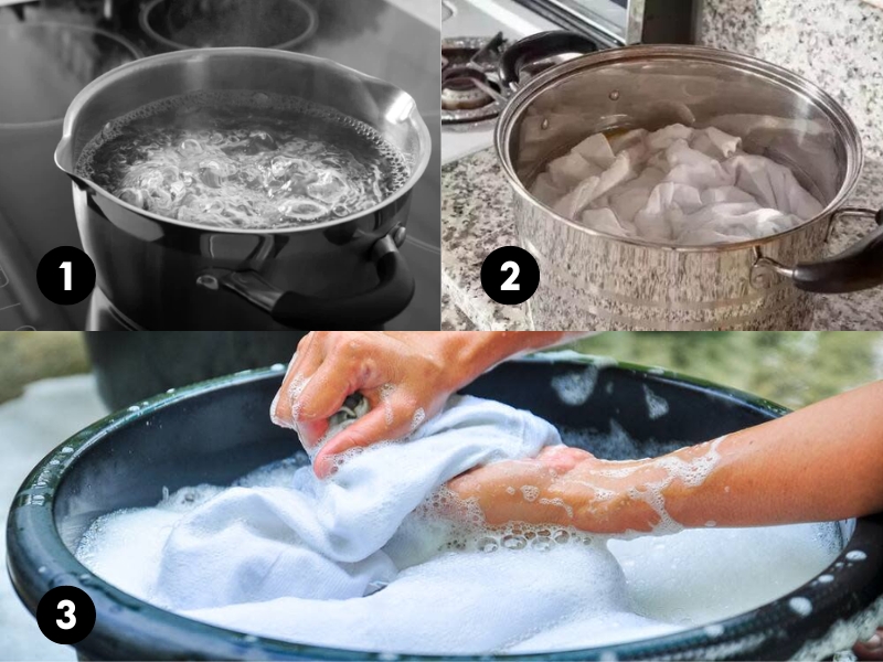 Hình ảnh gồm ba bước làm sạch vải: đun sôi nước, ngâm vải trong nồi, và giặt tay với xà phòng.