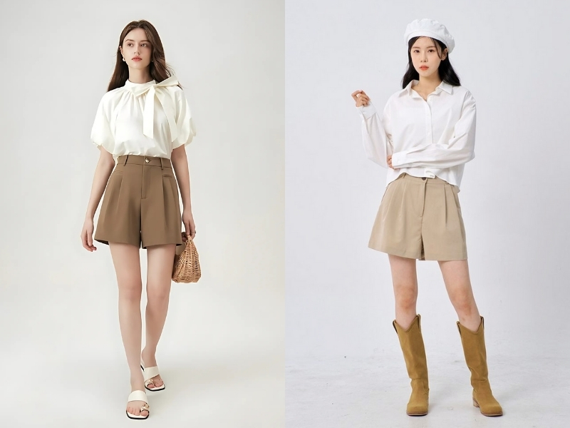 Hai người mẫu nữ mặc áo trắng và quần short nâu, tạo dáng trên nền trắng.