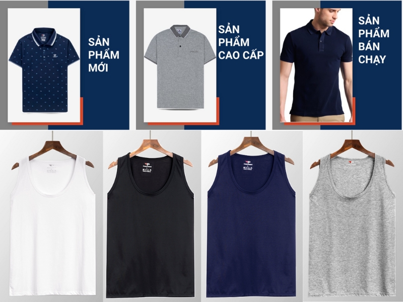 Áo polo và áo ba lỗ nhiều màu treo trên móc gỗ, với nhãn "Sản phẩm mới", "Sản phẩm cao cấp", "Sản phẩm bán chạy".
