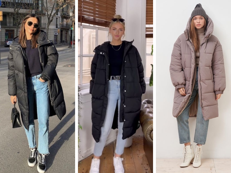 932d0f5c-cach-phoi-ao-phao-dang-dai-2 Ba người mặc áo khoác phao dài, quần jeans và giày thể thao, tạo dáng ở các bối cảnh khác nhau.