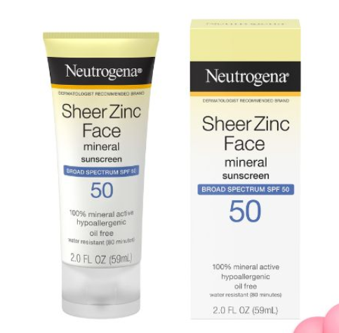 Hình ảnh kem chống nắng Neutrogena Sheer Zinc Face SPF 50, gồm tuýp kem và hộp đựng màu vàng nhạt.