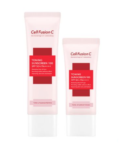 Hai tuýp kem chống nắng Cell Fusion C Toning Sunscreen 100, SPF 50+/PA+++, nền trắng, chữ đỏ.