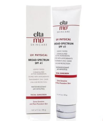 Tuýp kem chống nắng EltaMD UV Physical SPF 41 đứng cạnh hộp giấy, dành cho da nhạy cảm và sau điều trị.