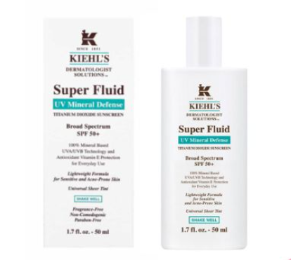 Hình ảnh chai và hộp kem chống nắng Kiehl's Super Fluid UV Mineral Defense SPF 50+, dung tích 50 ml.