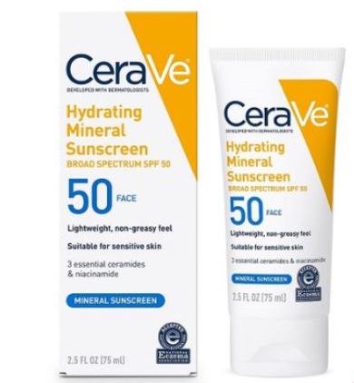 Hình ảnh hộp và tuýp kem chống nắng CeraVe Hydrating Mineral SPF 50, dung tích 75 ml, dành cho da nhạy cảm.