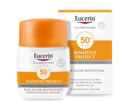 Hộp và chai kem chống nắng Eucerin SPF 50+ với thiết kế màu trắng và cam.