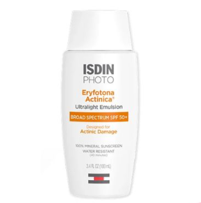 Chai kem chống nắng màu trắng, nhãn hiệu ISDIN, SPF 50+, dung tích 3.4 fl. oz (100 ml).