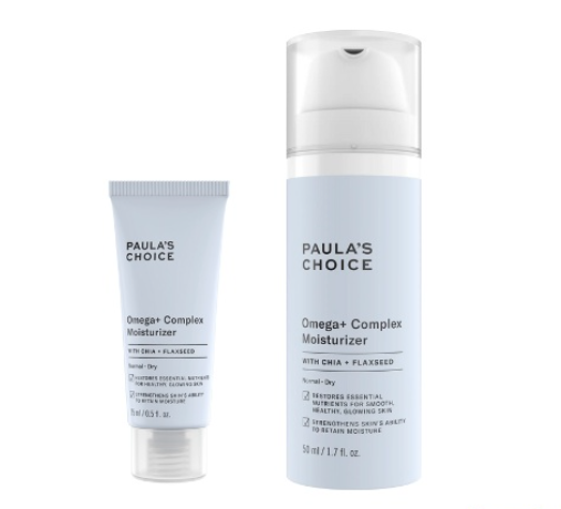 Hai chai kem dưỡng da Omega+ Complex, một dạng tuýp và một dạng chai, nền trắng.