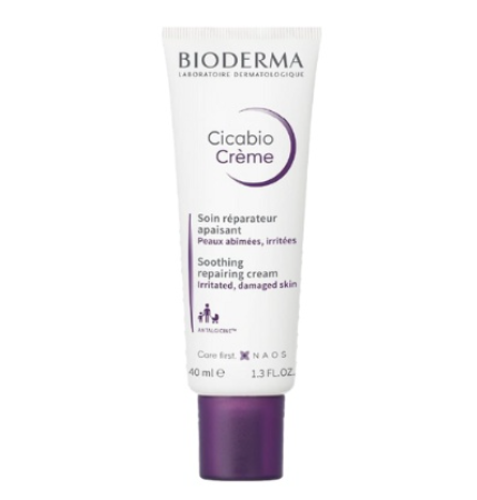Tuýp kem dưỡng da Bioderma Cicabio Crème, 40 ml, nắp màu tím, dành cho da bị kích ứng và tổn thương.