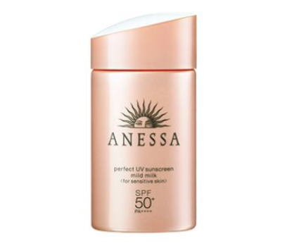 Chai kem chống nắng màu hồng nhạt với logo hình mặt trời, chữ "ANESSA" và chỉ số SPF 50+ PA++++.
