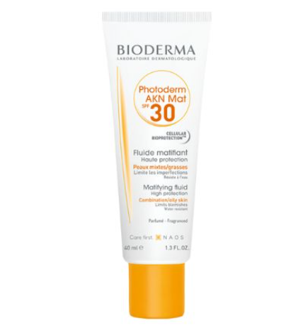 Tuýp kem chống nắng Bioderma Photoderm AKN Mat SPF 30, dung tích 40 ml, nền trắng và chữ màu cam.