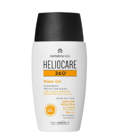 Chai kem chống nắng dạng gel nước Heliocare 360°, SPF 50+, nắp màu đen, nhãn trắng cam.