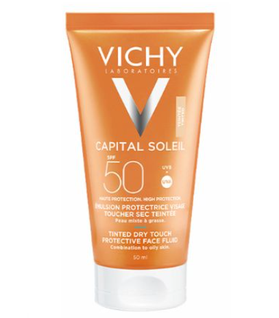 Tuýp kem chống nắng màu cam, nhãn hiệu Vichy, chỉ số SPF 50, dung tích 50 ml.