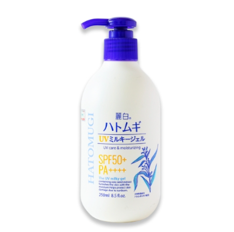 Chai kem dưỡng da chống nắng Hatomugi SPF50+ PA++++, dung tích 250ml, có vòi bơm màu tím.