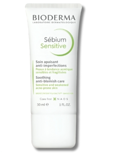 Tuýp kem dưỡng da mặt Bioderma Sébium Sensitive, dung tích 30 ml, dành cho da nhạy cảm và dễ bị mụn.