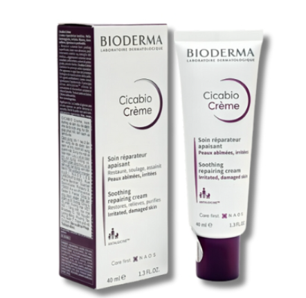 Hộp và tuýp kem dưỡng da Bioderma Cicabio Crème, dung tích 40 ml, dành cho da nhạy cảm và tổn thương.