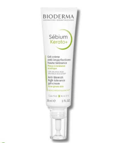 Tuýp kem dưỡng da Bioderma Sébium Kerato+ 30ml, thiết kế màu trắng với chữ xanh và đen.