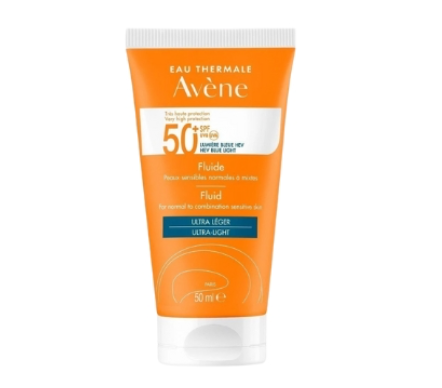 Tuýp kem chống nắng màu cam và trắng, SPF 50+, dành cho da thường đến da hỗn hợp nhạy cảm, dung tích 50 ml.