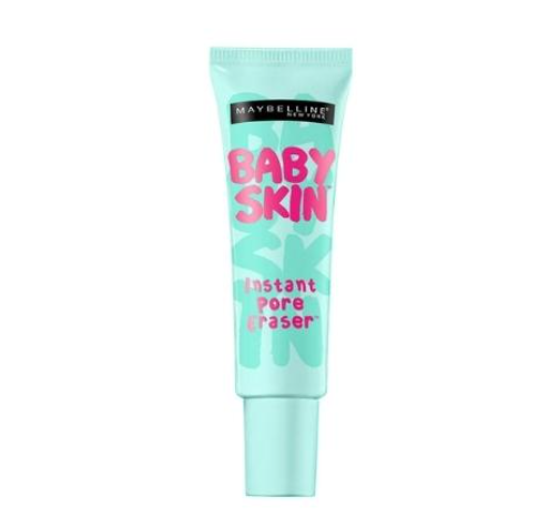 Tuýp kem màu xanh nhạt, nhãn hiệu Maybelline, với chữ "Baby Skin" và "Instant Pore Eraser" trên bao bì.
