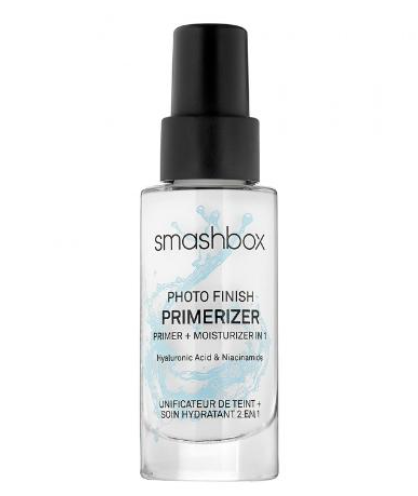 Chai lọ mỹ phẩm với nắp đen, nhãn ghi "Smashbox Photo Finish Primerizer" và các thành phần chính.