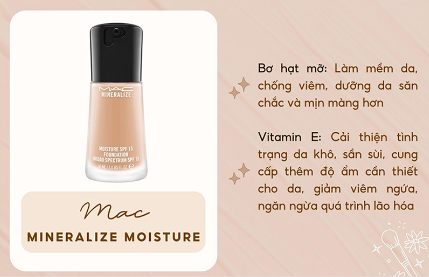 Hình ảnh chai kem nền với thông tin về thành phần bơ hạt mỡ và vitamin E, giúp dưỡng da và chống lão hóa.