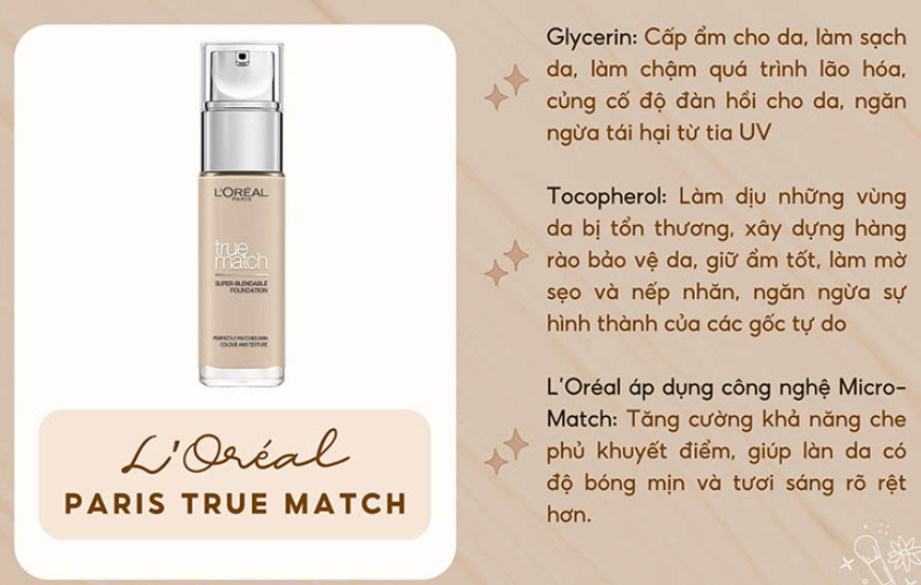 Chai kem nền L'Oréal Paris True Match, mô tả thành phần và công nghệ chăm sóc da trên nền màu be.