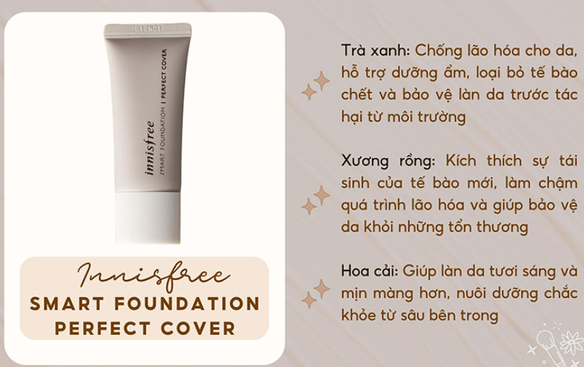 Hình ảnh chai kem nền với công dụng chống lão hóa, dưỡng ẩm và bảo vệ da từ các thành phần tự nhiên.