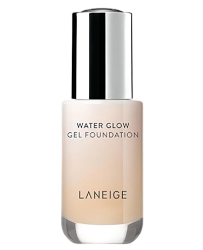 Chai kem nền dạng gel màu be, nắp bạc, thương hiệu Laneige, chữ in trên chai rõ ràng.