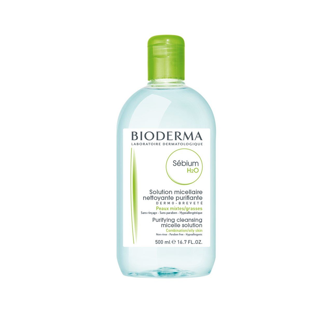 Chai nước tẩy trang Bioderma Sébium H2O 500ml, nắp màu xanh lá, dành cho da dầu và hỗn hợp.
