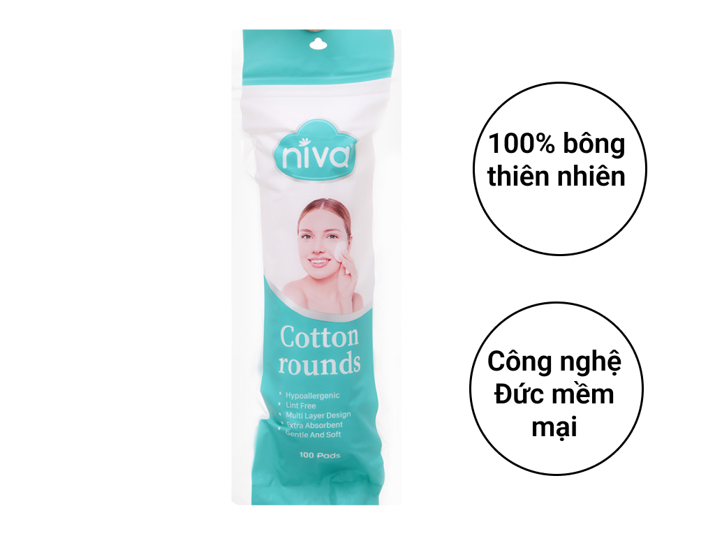 Bao bì bông tẩy trang thương hiệu niva, với thông tin về chất liệu và công nghệ sản xuất trên nền trắng.